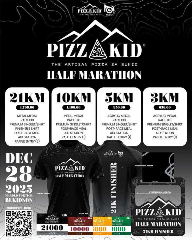 black and white pizzakid run 2025 poster shows race details, prizes, shirts, medals & event date: dec 28, bukidnon.