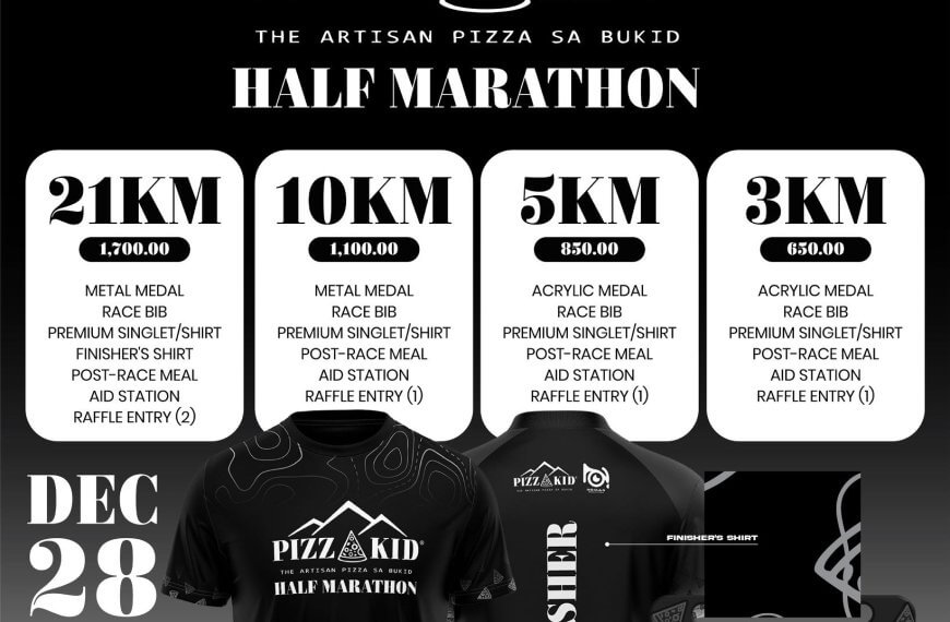 black and white pizzakid run 2025 poster shows race details, prizes, shirts, medals & event date: dec 28, bukidnon.