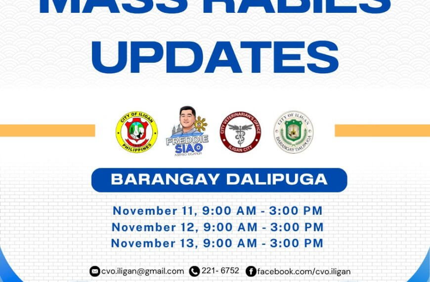 poster announcing free rabies shots for iligan pet owners in barangay dalipuga with dates, times, and contacts.