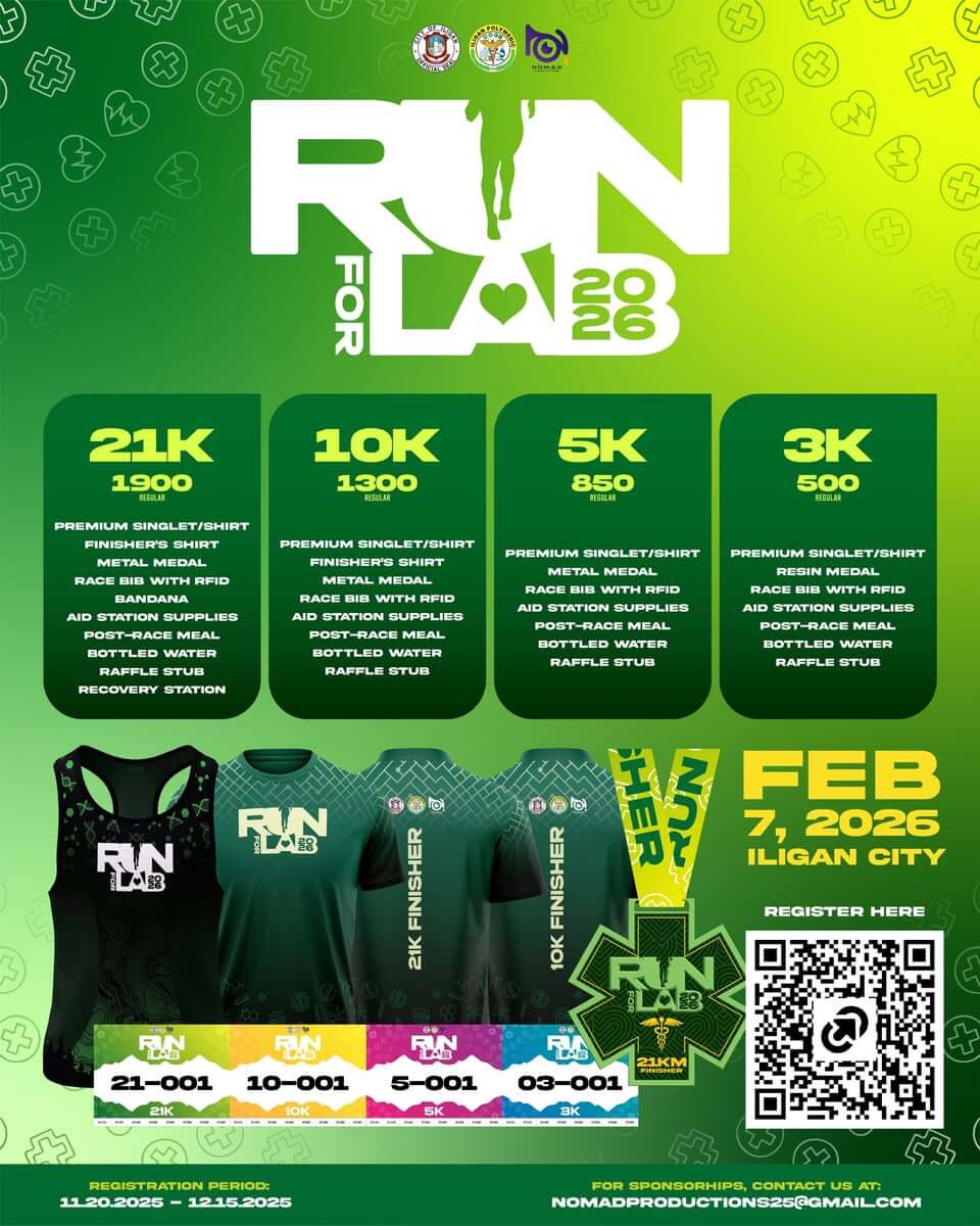 poster for run for la 2026 shows race details, shirts, medals, dates, prizes, and a qr code for registration.