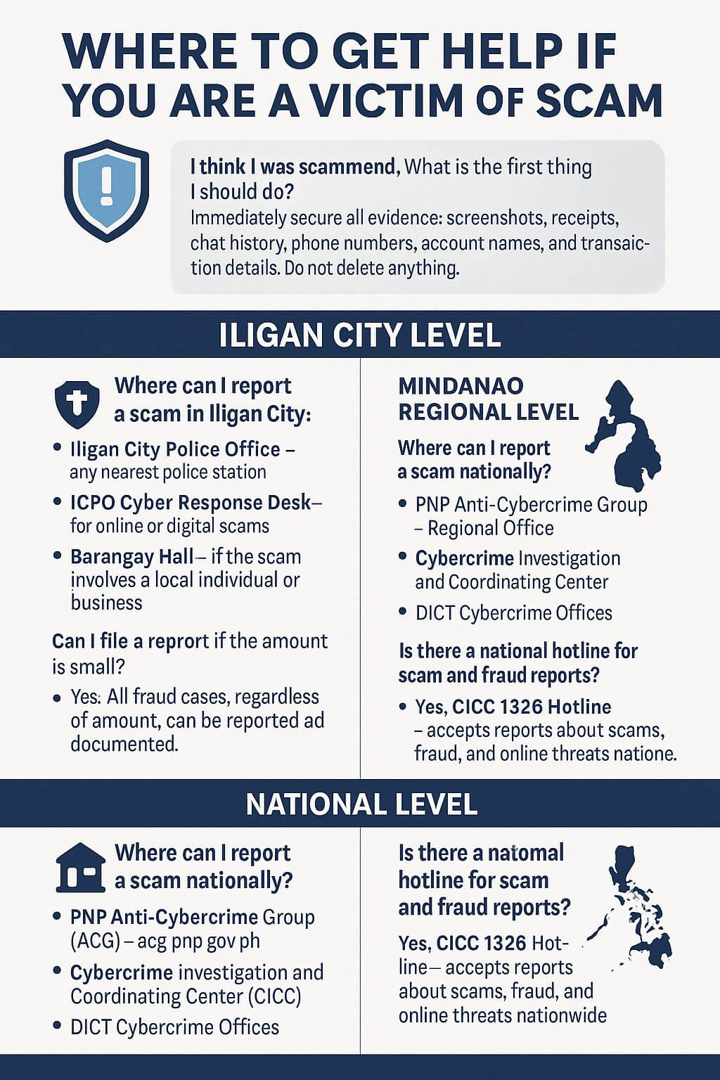 infographic for filipinos on where to get help if scammed—stay safe this christmas with reporting hotlines in iligan.