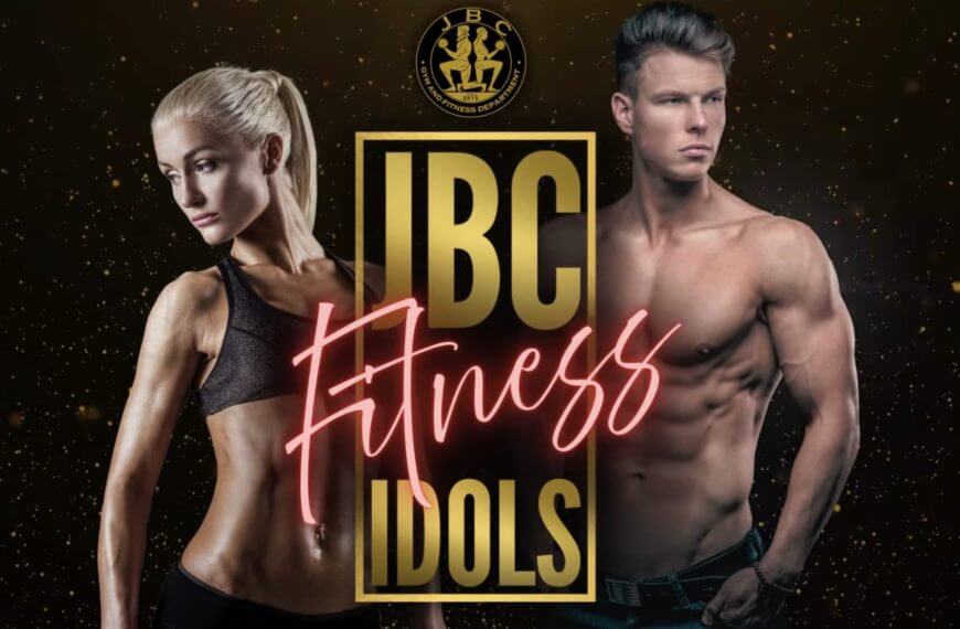 muscular woman and man pose beside ibc fitness idols logo on a dark, starry background.