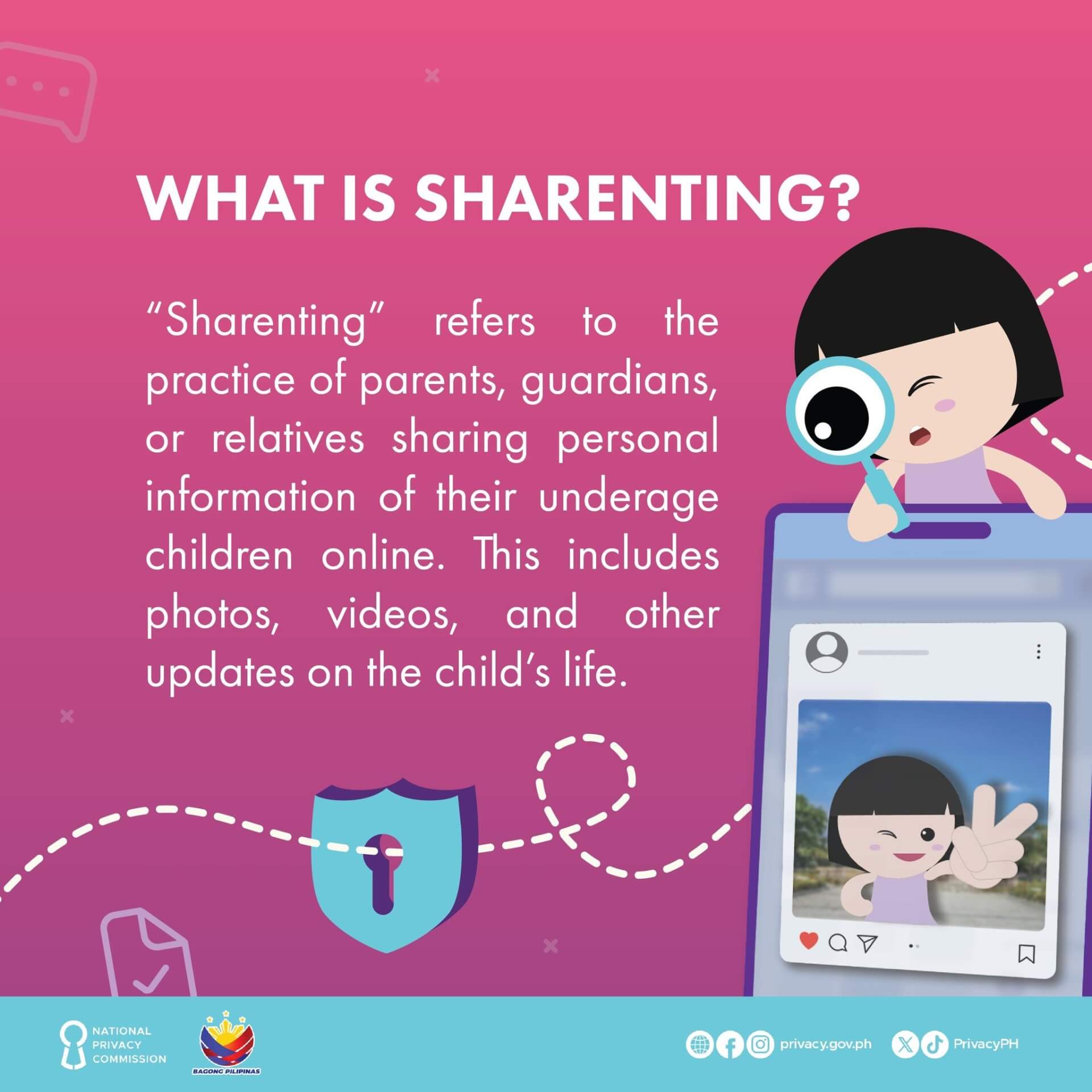 a cartoon child waves in a social media photo; text explains the meaning of sharenting on a pink background.