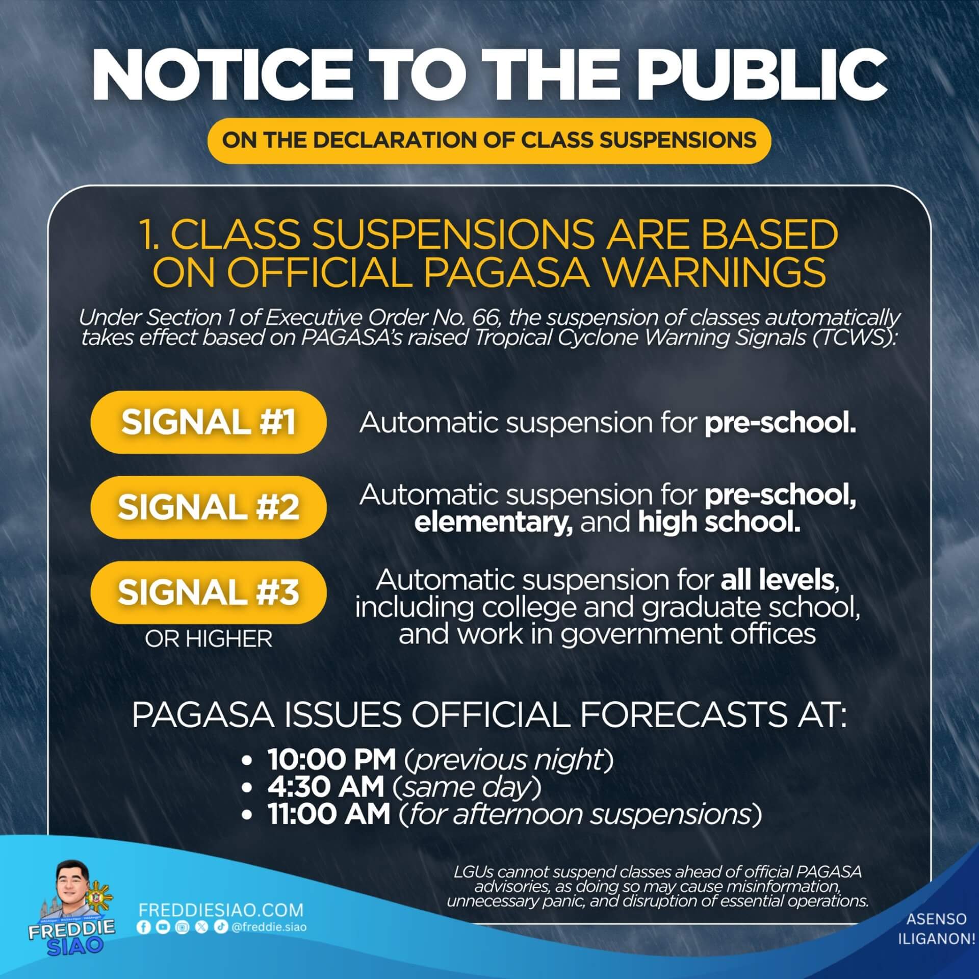 class suspensions in iligan: signal #1 for pre school, #2 up to high school, #3+ for all levels.