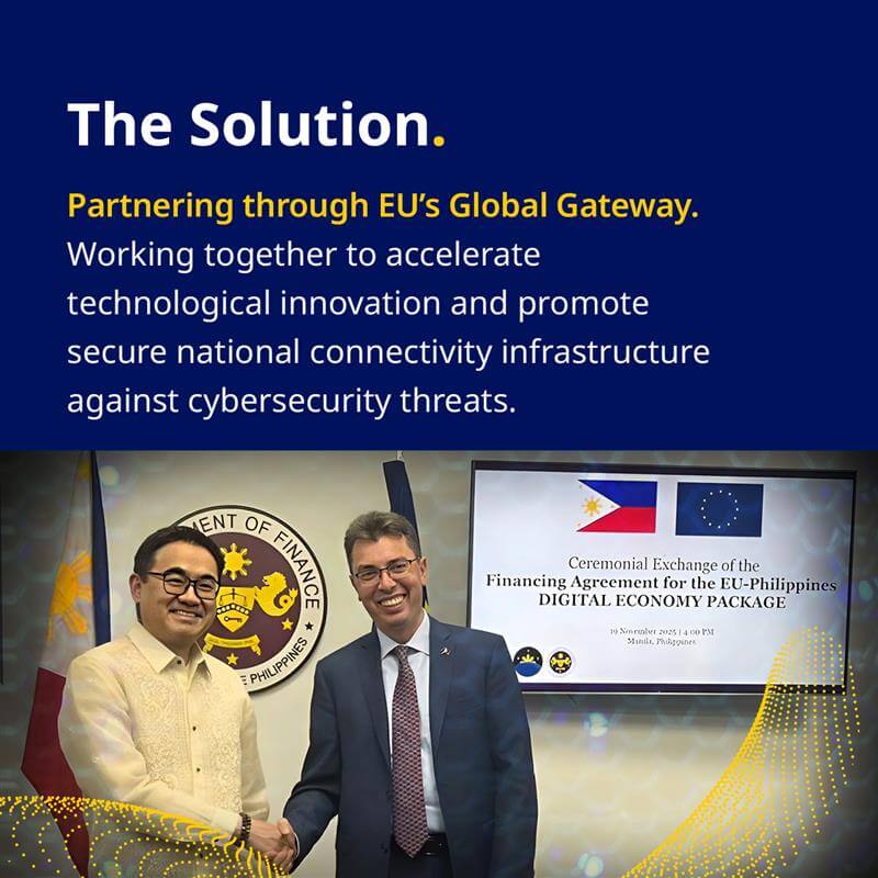 two smiling men shake hands in front of a screen showing an eu philippines digital economy agreement.