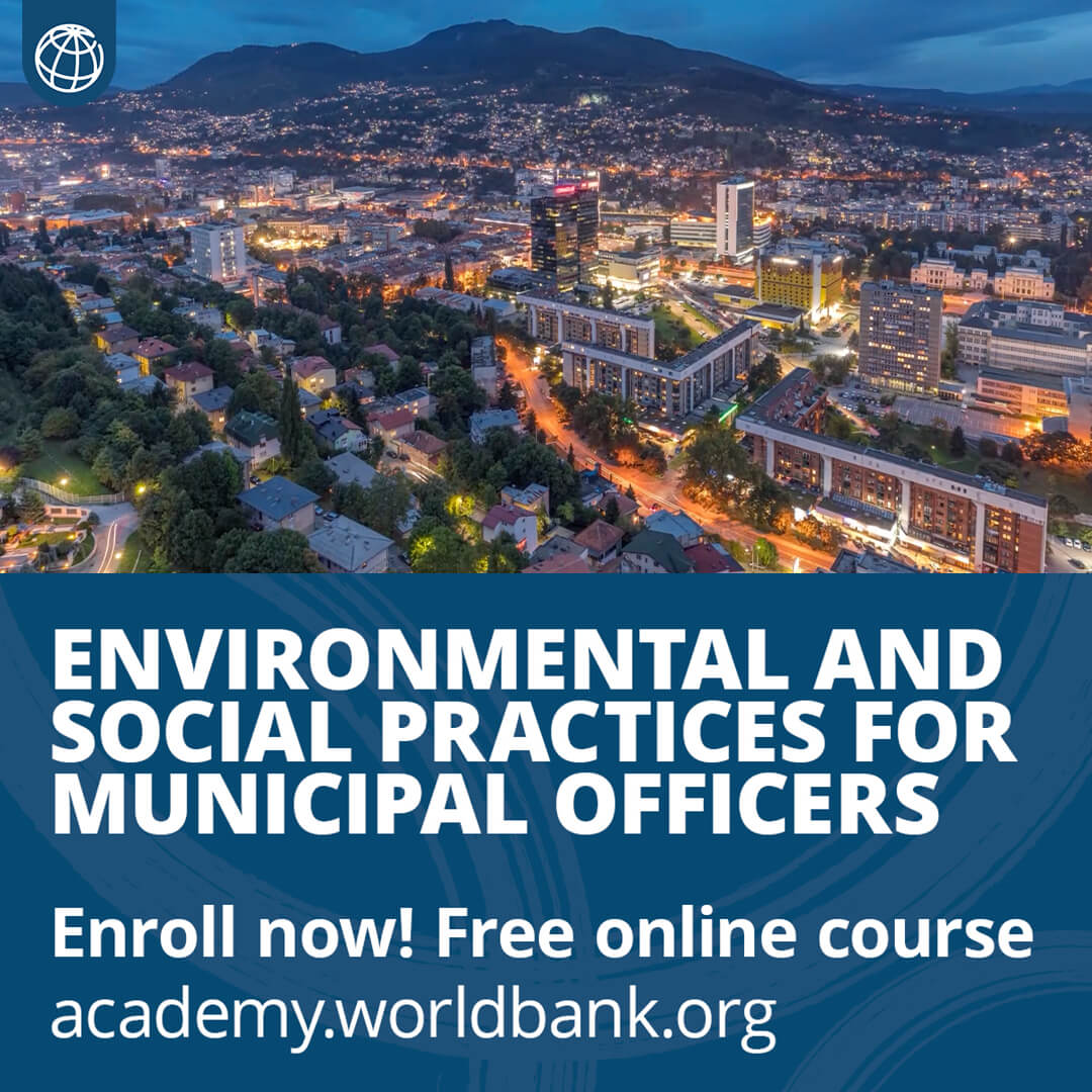a cityscape at dusk with course details for municipal officers on environmental and social practices.