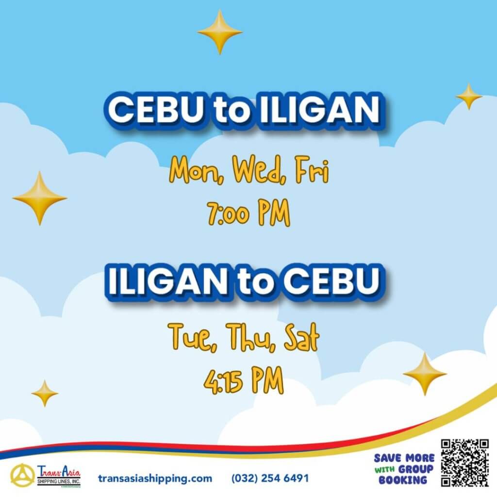 text schedule graphic with sun and stars: cebu to iligan (mon, wed, fri 7pm), iligan to cebu (tue, thu, sat 4:15pm).
