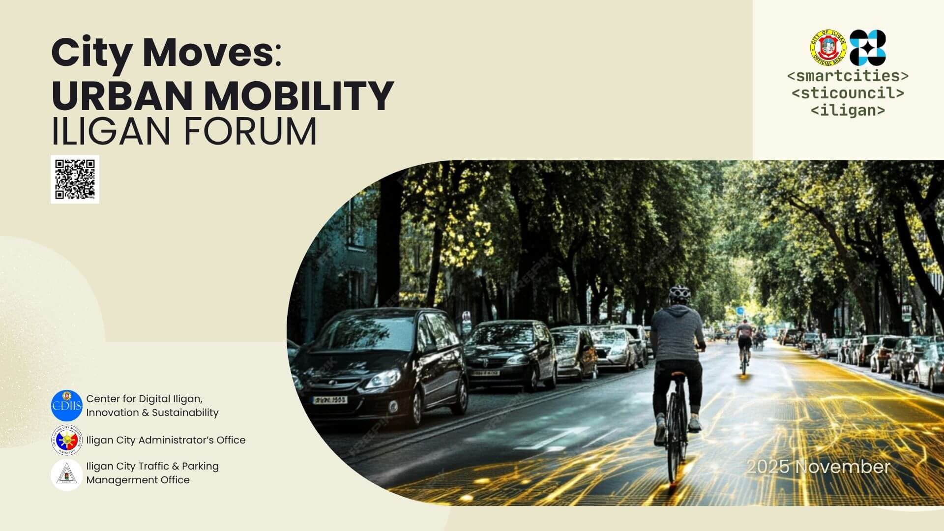 poster for city moves: urban mobility iligan forum with cyclist, cars, and tree lined road for a greener city.