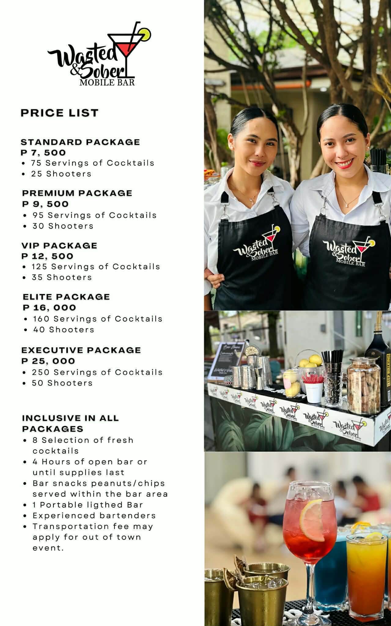 two smiling women in aprons stand behind a mobile bar with cocktails; cotton candy packages price list is shown.