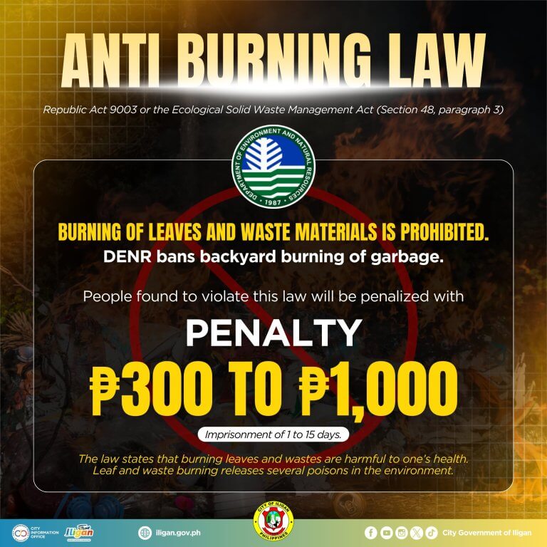 anti burning law poster warns against burning leaves or waste, with fines of ₱300 ₱1,000 and jail time.