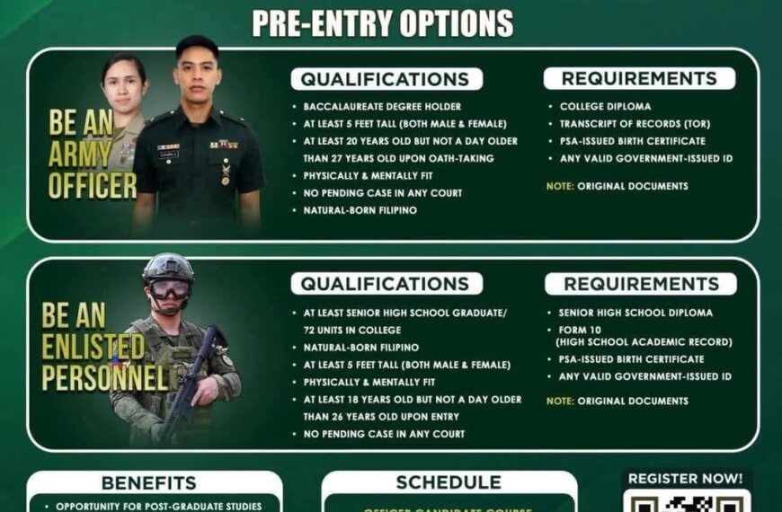 army recruitment office poster for mindanao detailing officer, enlisted roles, benefits, schedule, and requirements.