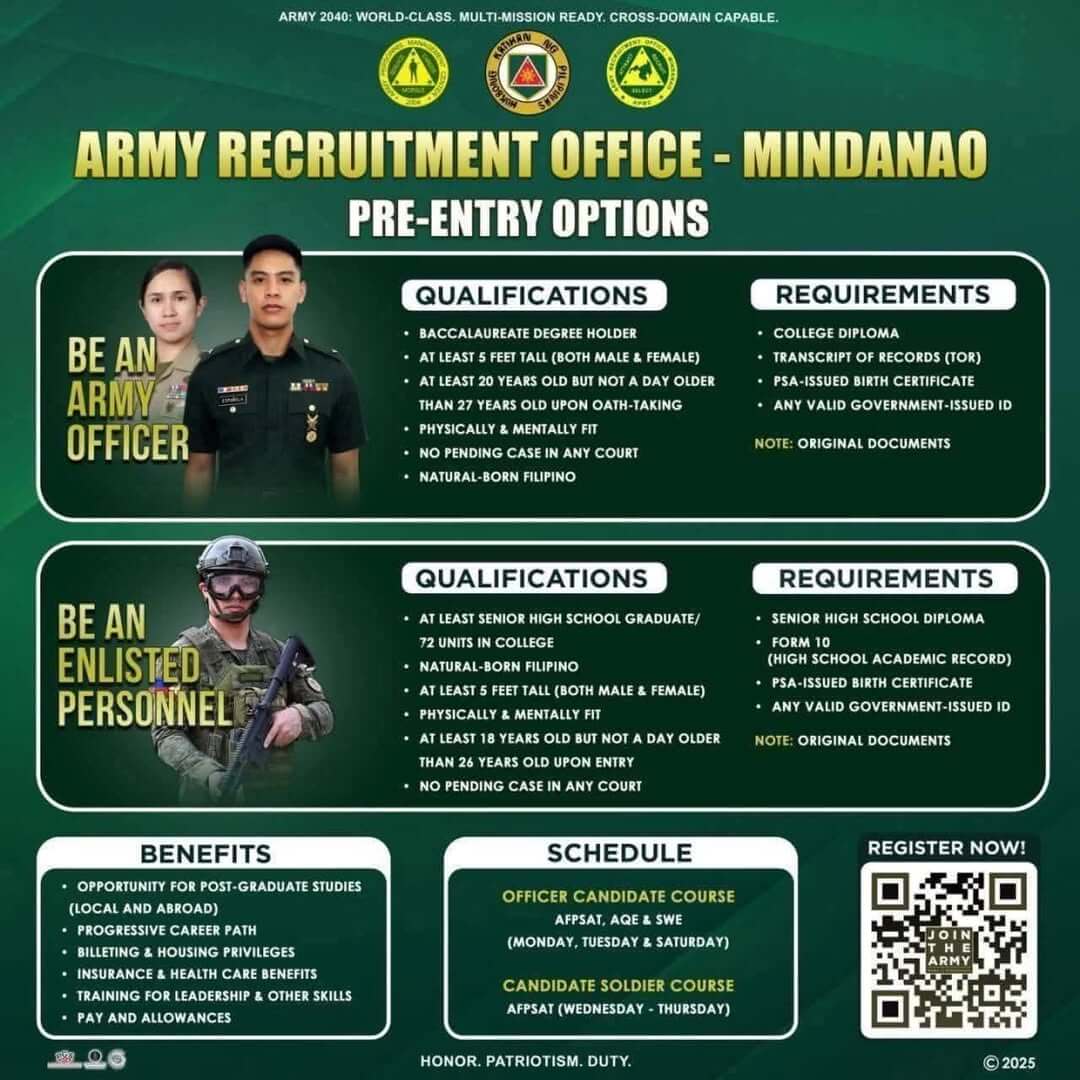 army recruitment office poster for mindanao detailing officer, enlisted roles, benefits, schedule, and requirements.