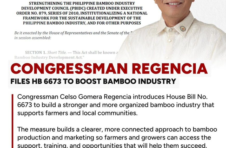 congressman Regencia presents hb 6673 on bamboo reform; text highlights industry benefits and positive impact for filipinos.