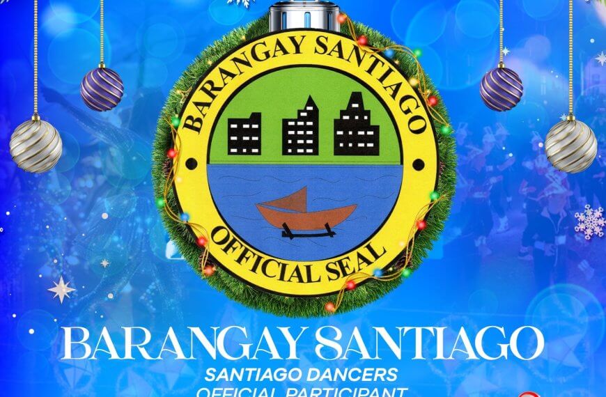 barangay santiago seal on a wreath, festive ornaments, and blue background with christmas decorations.