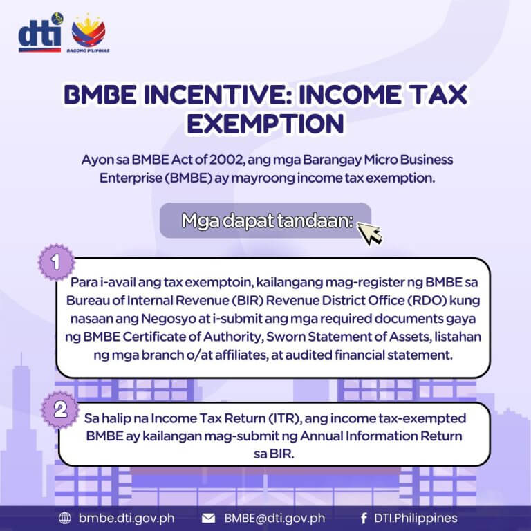 infographic on bmbe income tax exemption steps, with icons and filipino instructions, from dti philippines.