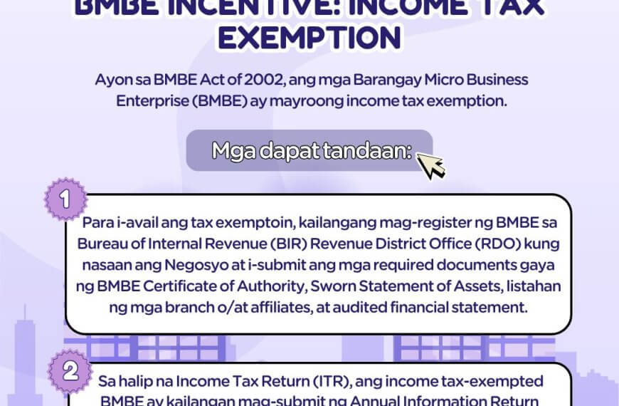 infographic on bmbe income tax exemption steps, with icons and filipino instructions, from dti philippines.