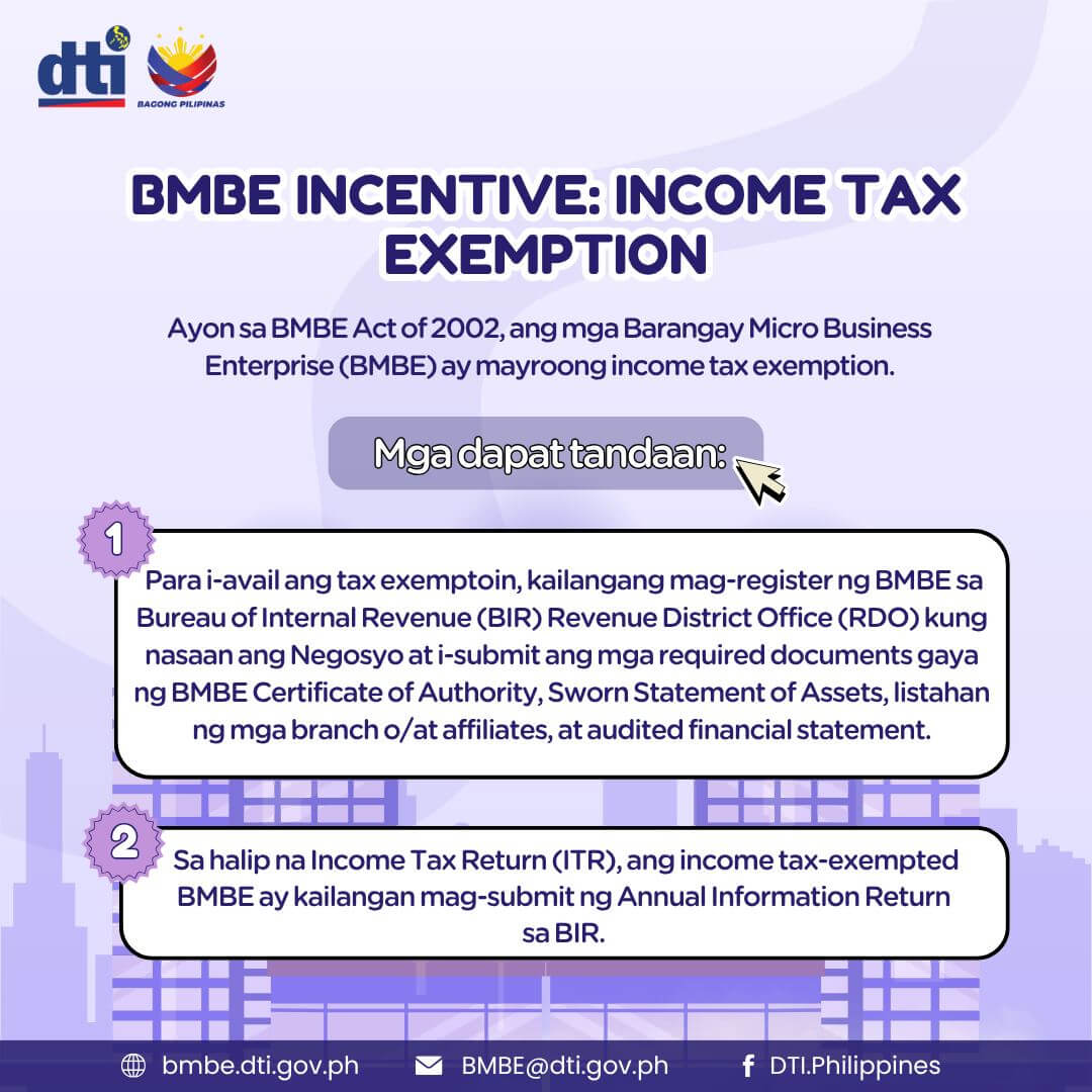 infographic on bmbe income tax exemption steps, with icons and filipino instructions, from dti philippines.