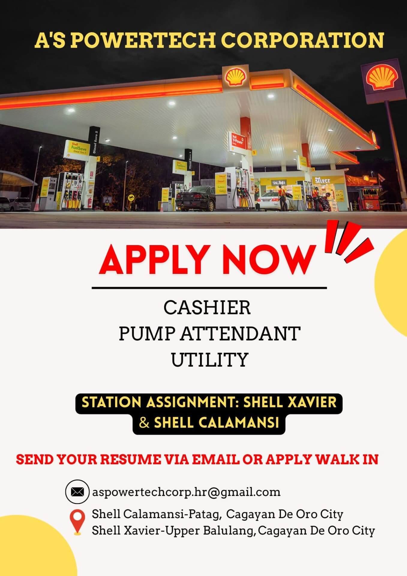 a shell gas station at dusk; job ad for cashier, pump attendant, and utility at shell xavier & calamansi.