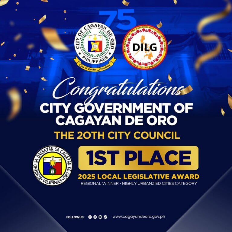 blue and gold graphic celebrating cdo city council’s top award for highly urbanized cities in 2025.