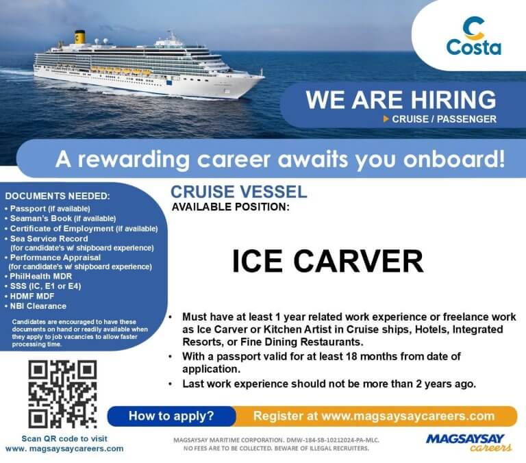 job ad for ice carver on cruise vessels, listing requirements, documents needed, and contact information.