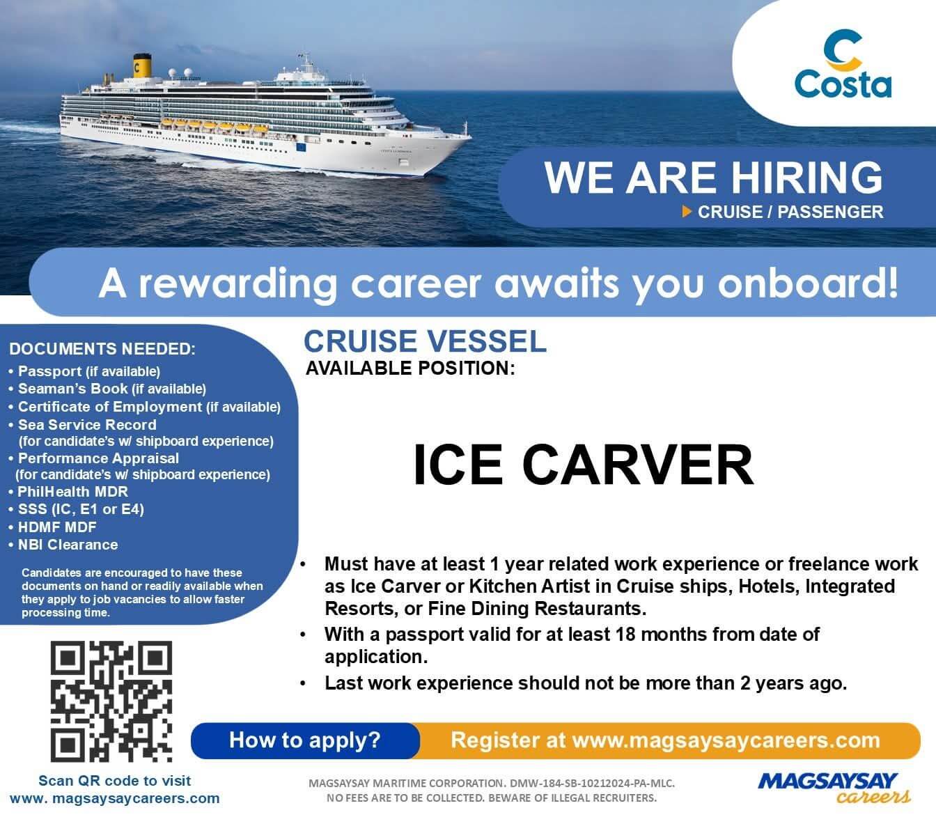 job ad for ice carver on cruise vessels, listing requirements, documents needed, and contact information.