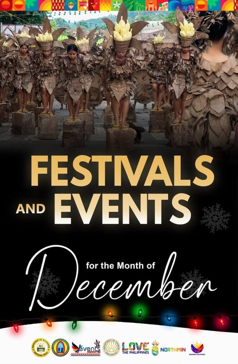 people in brown costumes stand in festive formation above text: festivals and events for the month of december.
