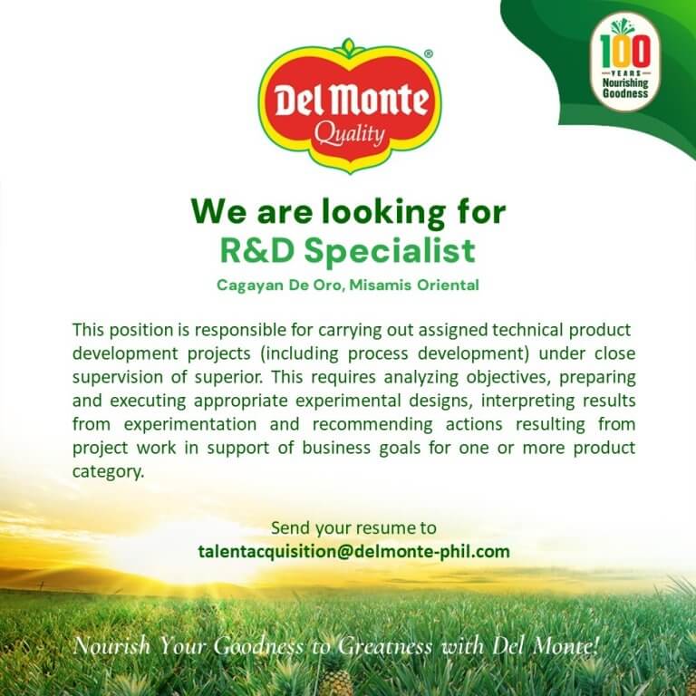 del monte job ad: hiring r&d specialist in cagayan de oro; includes job details, email, and company branding.