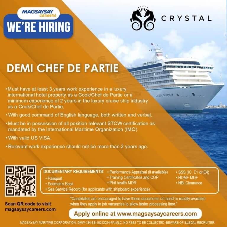 blue and orange job ad for demi chef de partie on a cruise ship, listing requirements and application details.