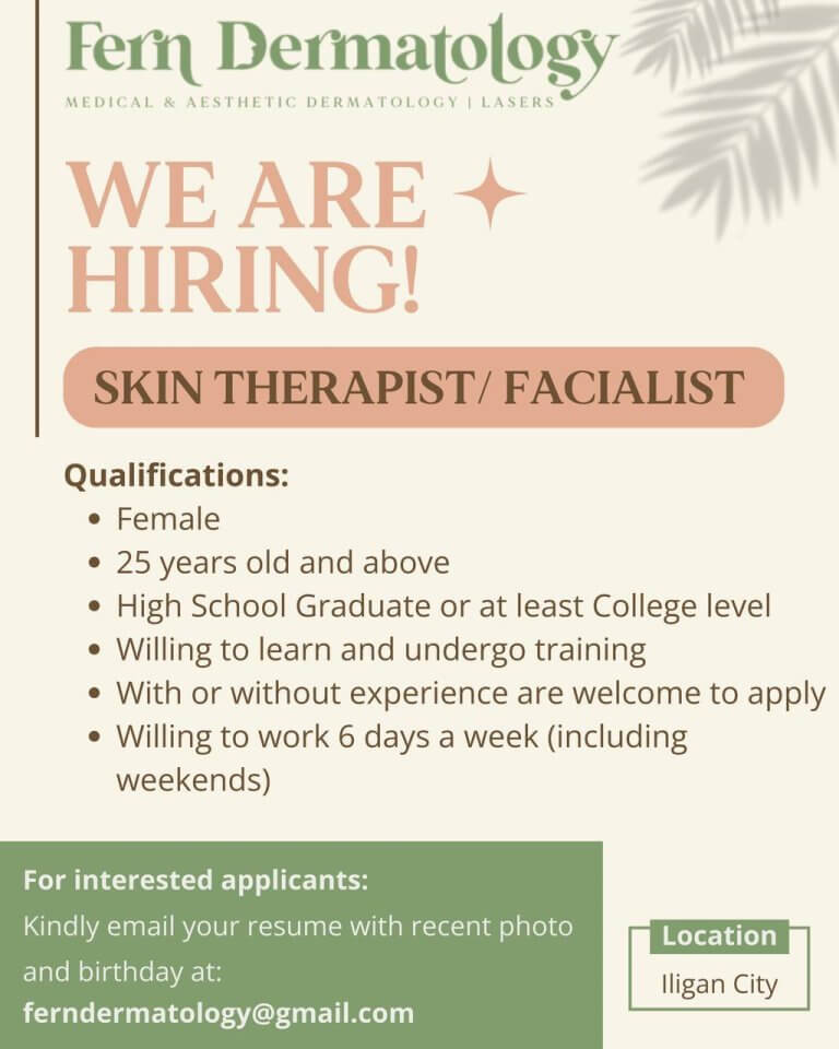 a we are hiring! ad for a skin therapist/facialist with qualifications and application details listed.