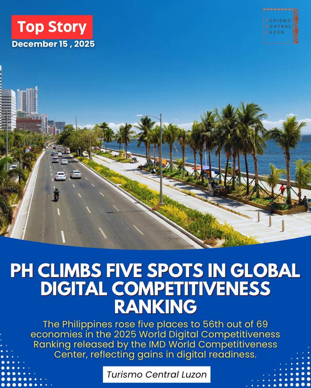 a seaside boulevard in the philippines with city buildings; headline about the country’s digital progress.