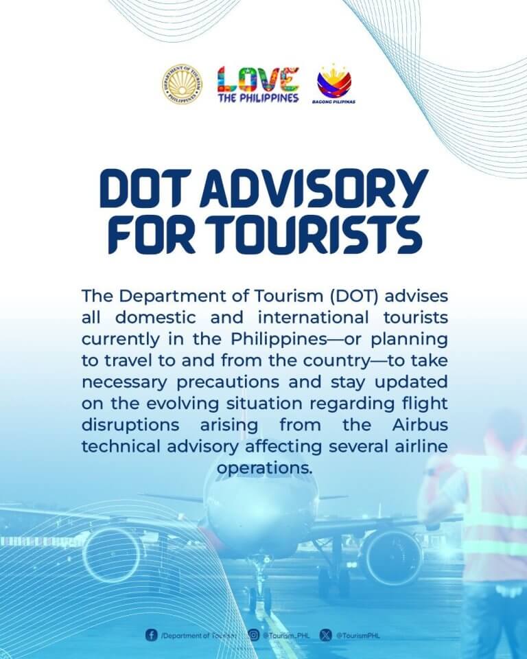 a dot travel advisory poster warns tourists of flight disruptions impacting several philippine airline operations.
