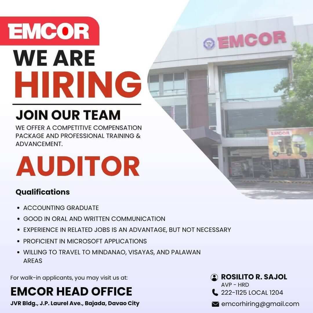 job hiring ad for an auditor at emcor with qualifications and contact details against an office building background.