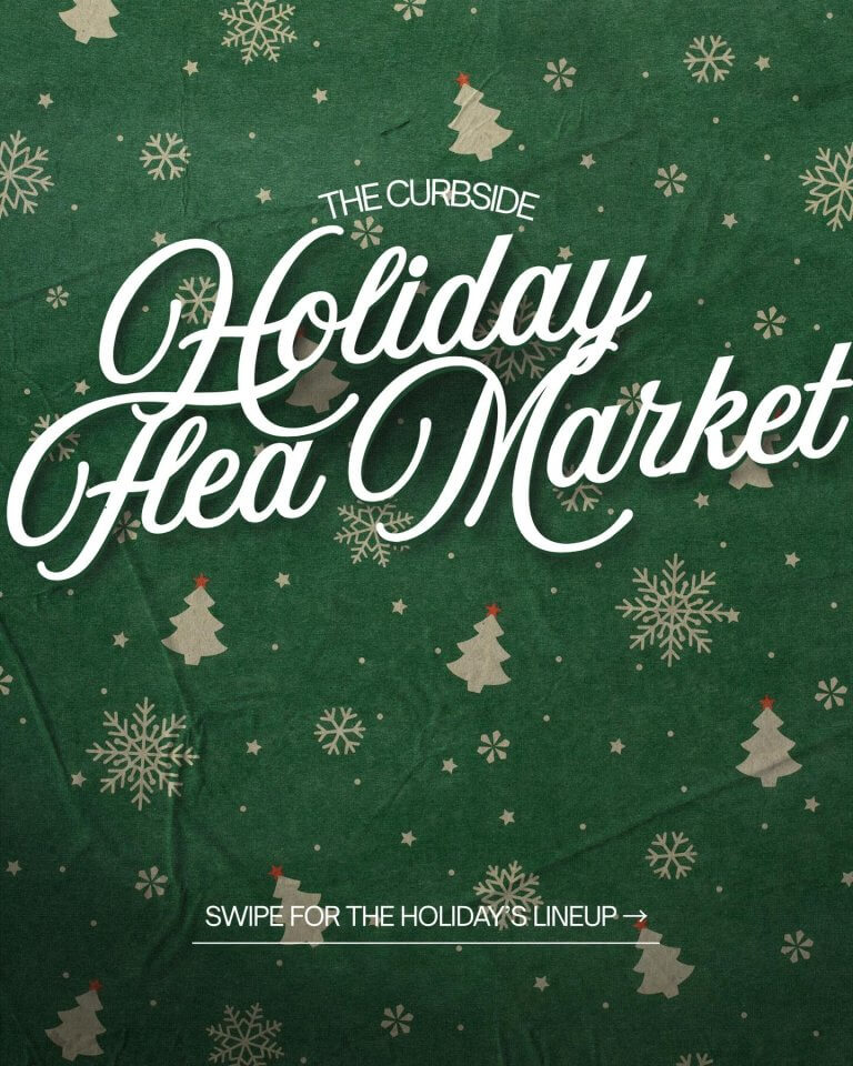 green background with snowflakes, small christmas trees, and “holiday flea market” in large white script text.