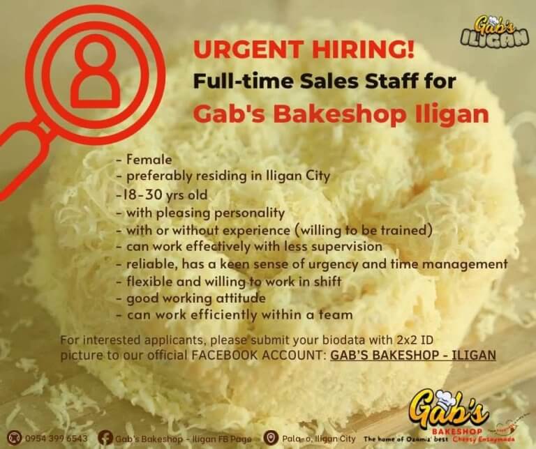job ad for full time sales staff at gab’s bakeshop iligan, with hiring criteria and contact details on a cheese bread background.