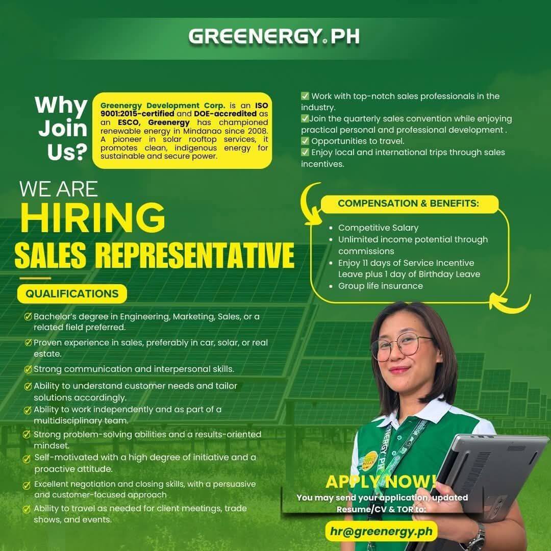 join greenergy as a mindanao sales representative—enjoy great benefits and apply now to grow your career!.