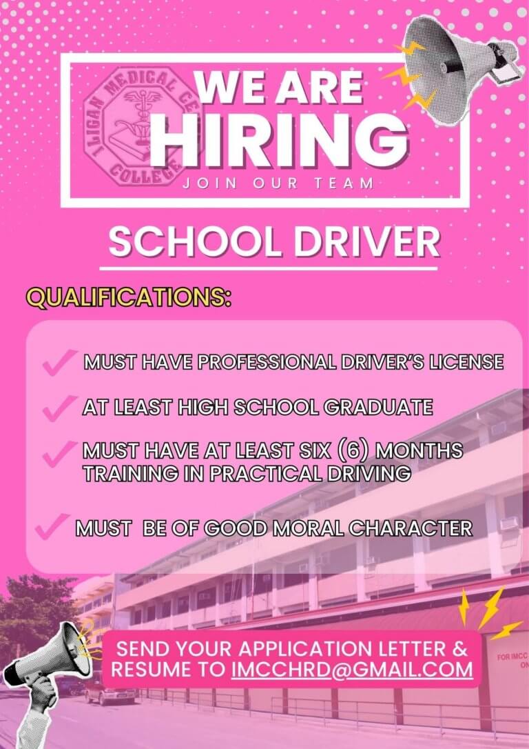 a pink school driver hiring poster with job qualifications and email for sending application at a school.