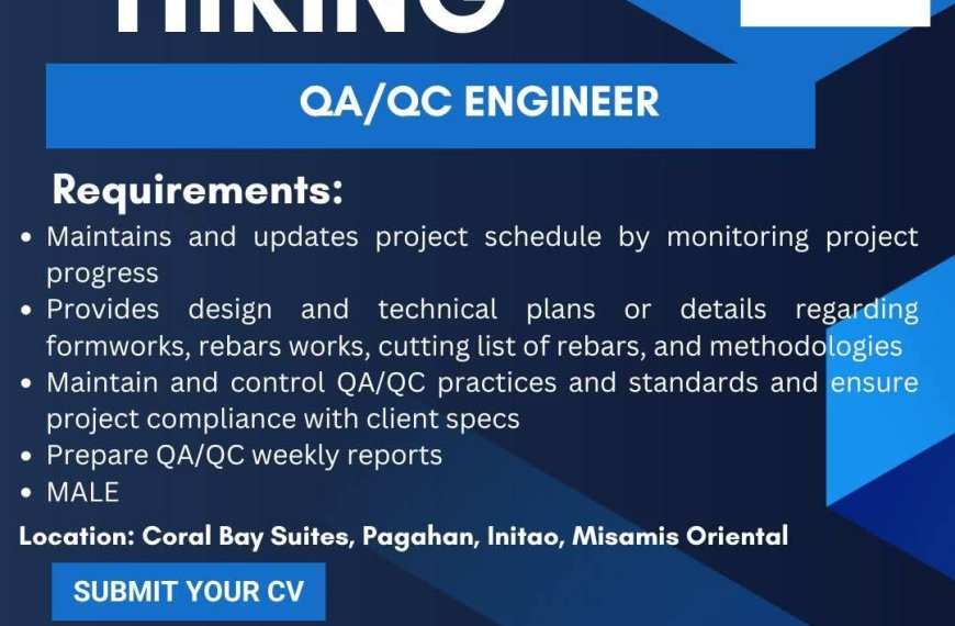 job hiring ad for qa/qc engineer with qualifications, contact info, and submission instructions on a blue background.