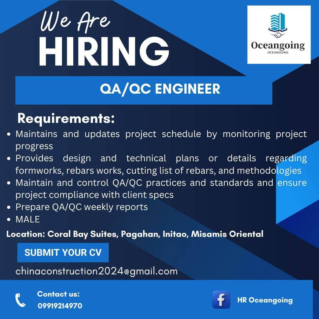 job hiring ad for qa/qc engineer with qualifications, contact info, and submission instructions on a blue background.