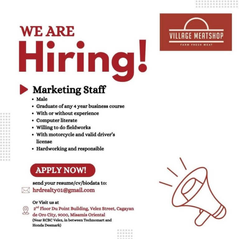 hiring ad for marketing staff at village meatshop, listing job requirements and application details.