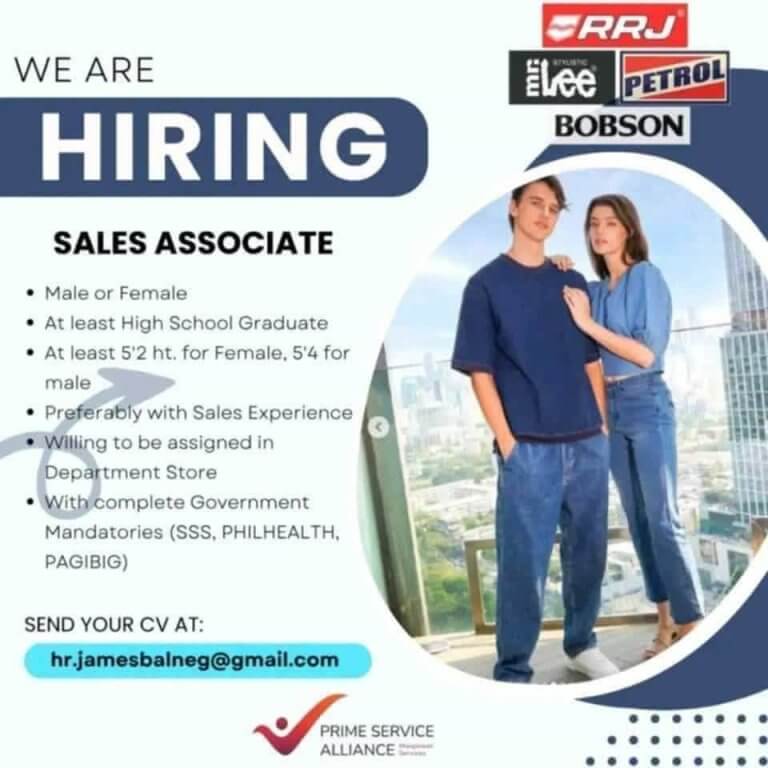 two young adults in casual blue outfits stand indoors; text advertises a job opening for sales associate.