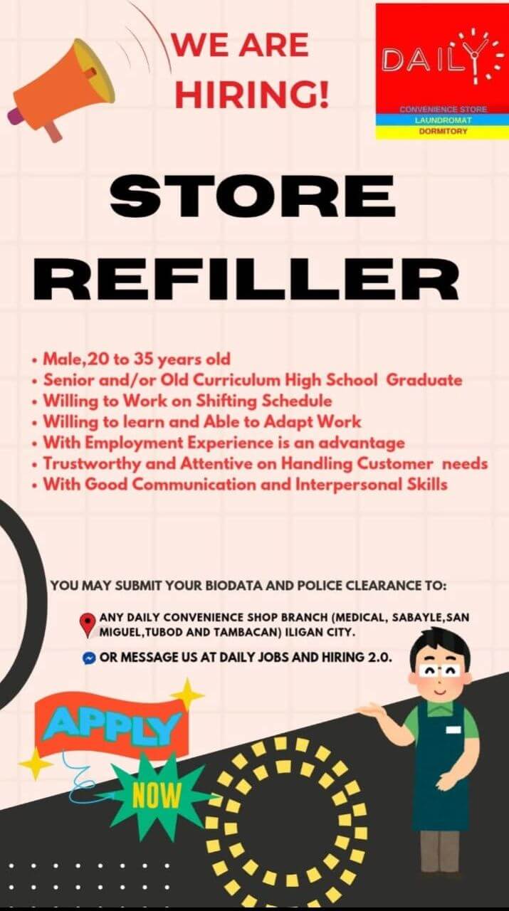 hiring flyer for store refillers at convenience shop iligan—see qualifications and apply now!.