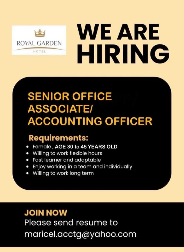 job hiring ad for a senior office associate/accounting officer at royal garden hotel, with contact email listed.