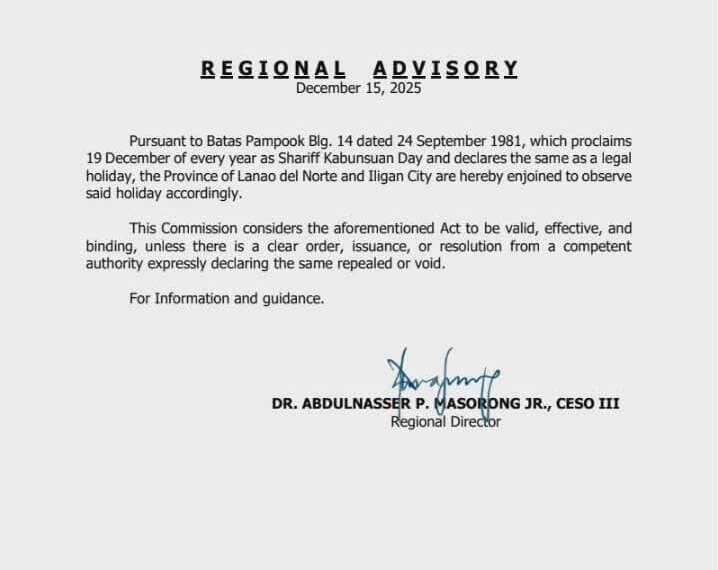 a regional advisory memo declares december 19, 2025, as a special holiday in parts of lanao and iligan.
