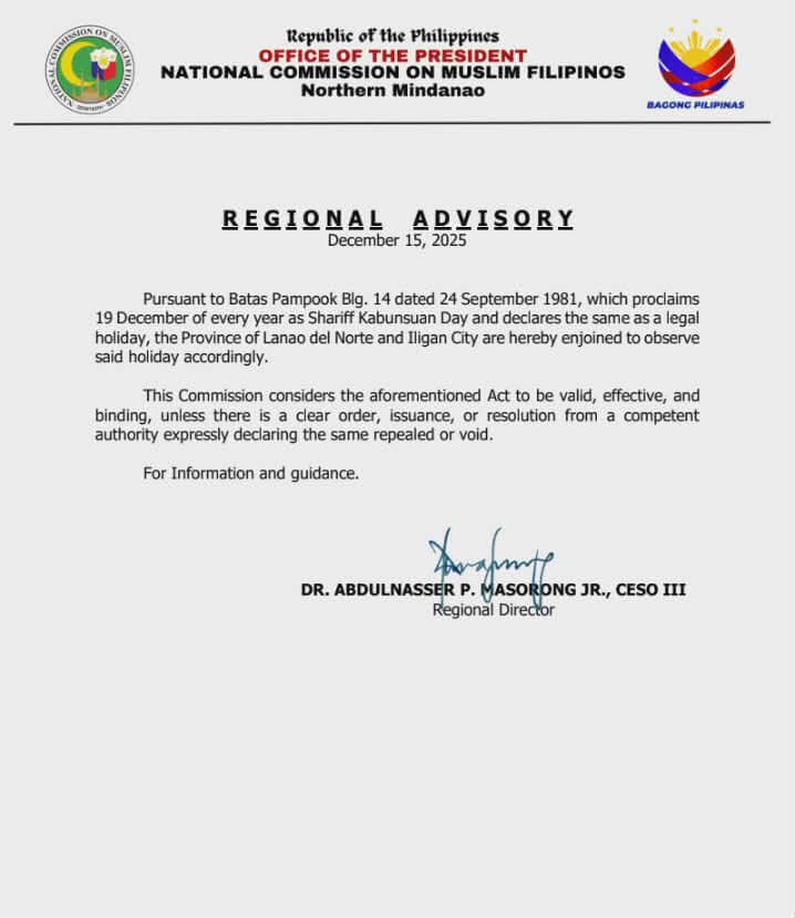 a regional advisory memo declares december 19, 2025, as a special holiday in parts of lanao and iligan.