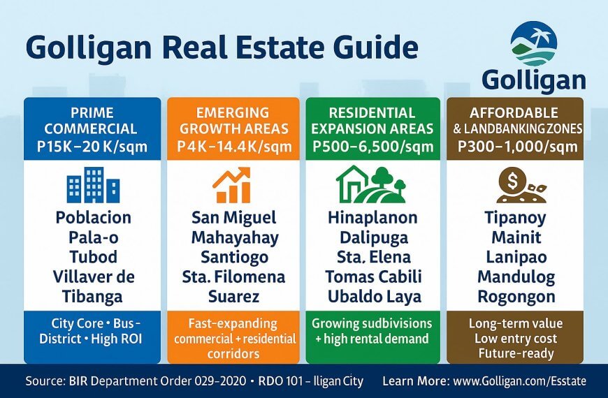 infographic of iligan city zonal values, area types, and prices in the 2025 golligan real estate guide.