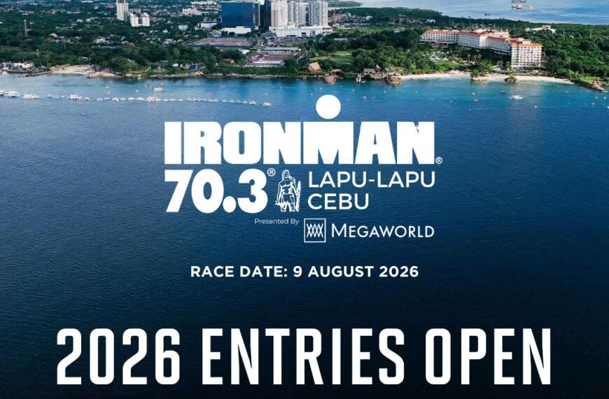 aerial view of cebu coastline with ironman 70.3 lapu lapu cebu event details and entry date text overlay.