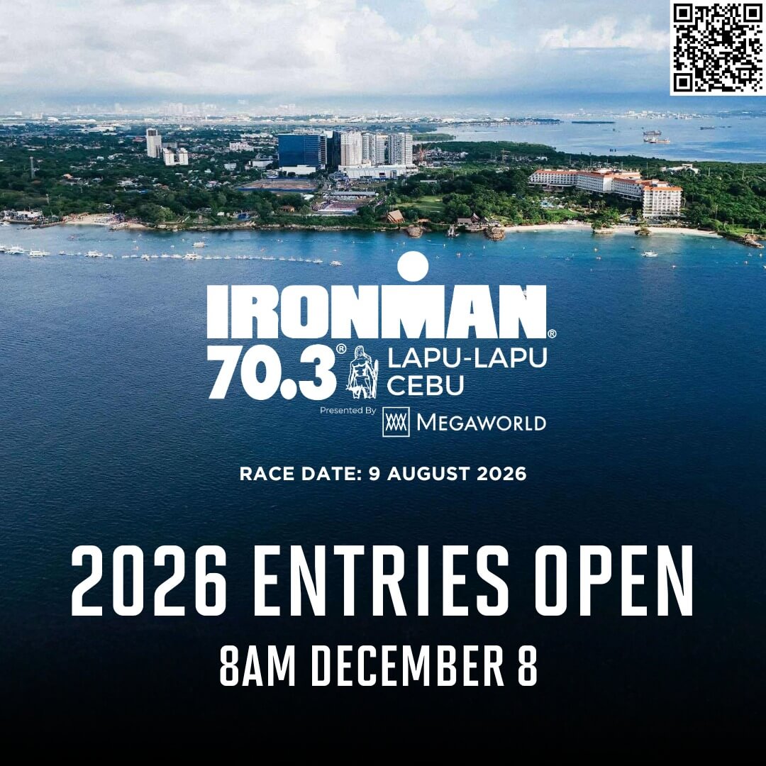 aerial view of cebu coastline with ironman 70.3 lapu lapu cebu event details and entry date text overlay.