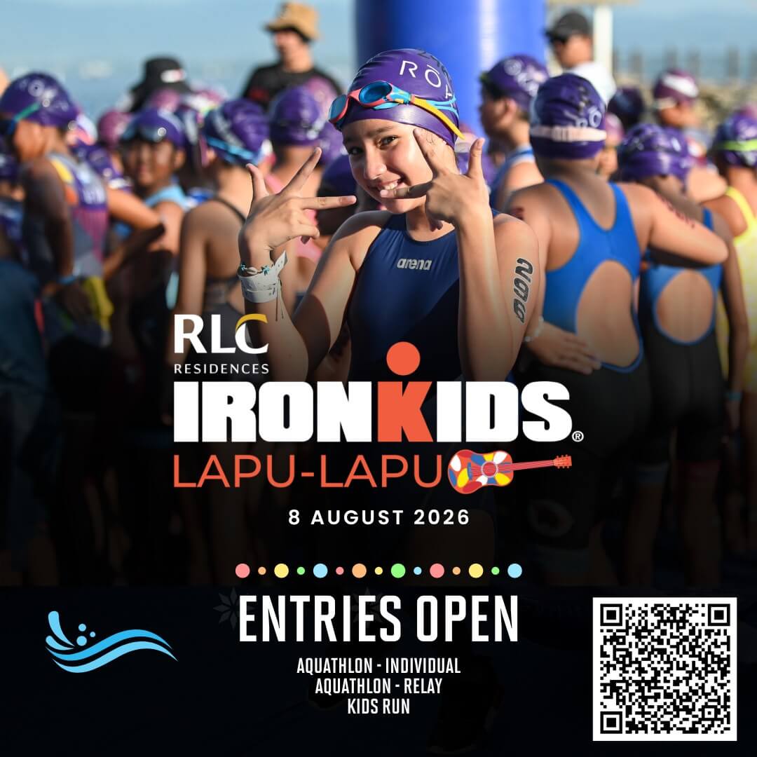 a smiling girl in a blue swim cap poses at a crowded triathlon event; “ironkids” details overlay the image.