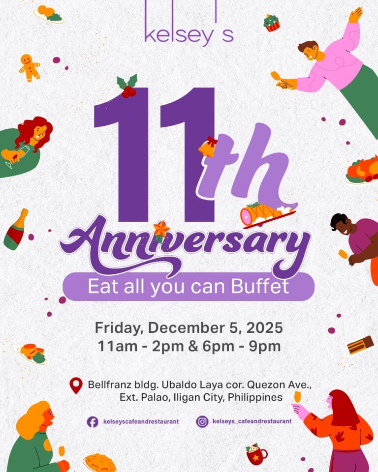 colorful poster for kelseys 11th anniversary buffet on dec 5, 2025, with people and food illustrations.