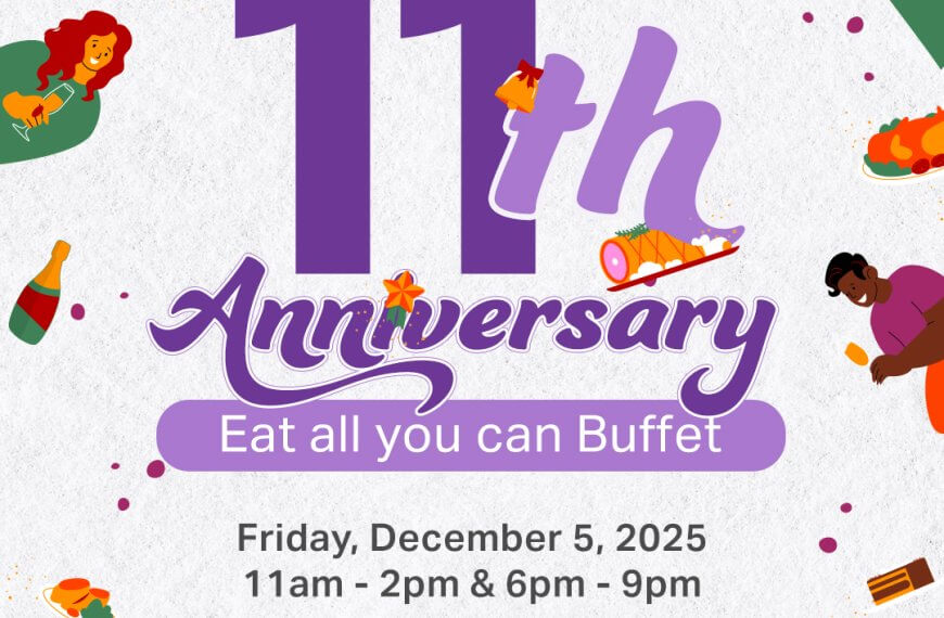 colorful poster for kelseys 11th anniversary buffet on dec 5, 2025, with people and food illustrations.